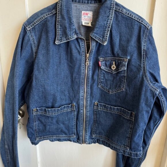 Vintage 90s Levis Dry Goods Denim Cropped Zip Front Jean Jacket w Pockets Size L - Picture 7 of 7
